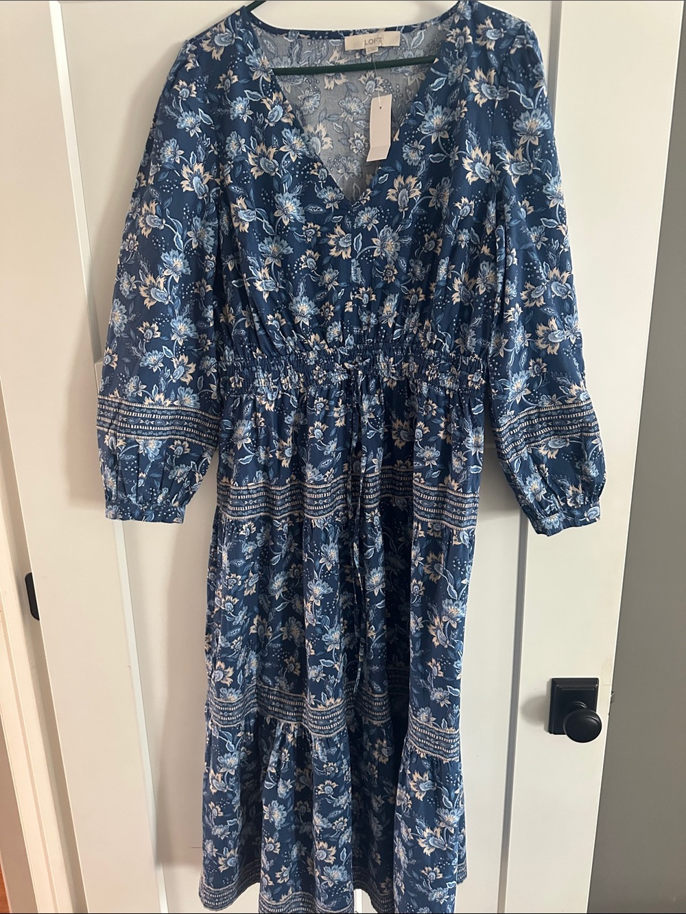 LOFT Navy Blue Floral V-Neck Tiered Midi Dress
